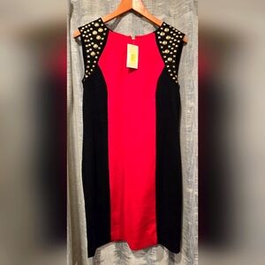 Red Black Gold Embellished Shoulder Cocktail Dress SZ 8